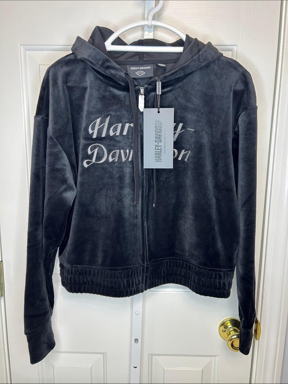 Harley-Davidson Black Velour Cropped Hooded Zip Bomber Jacket